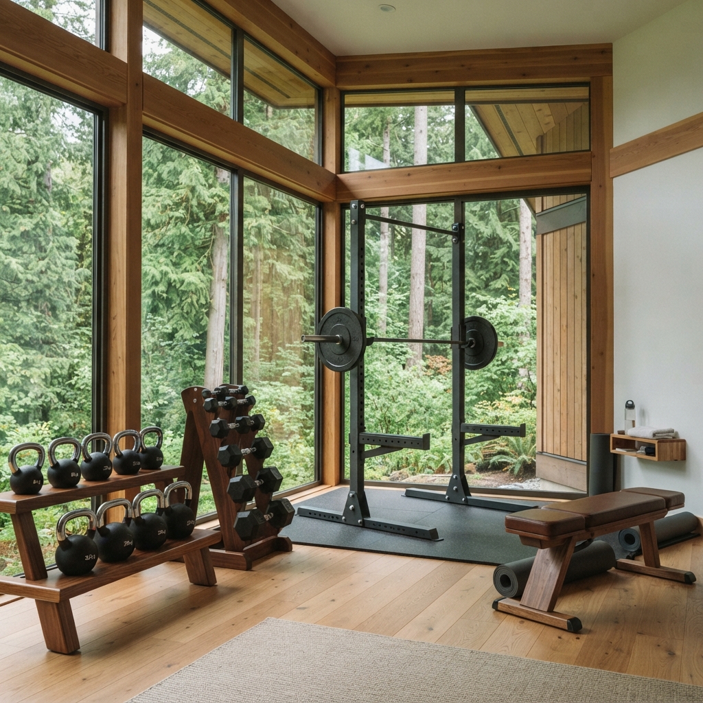 Wood-framed home gym with a squat rack, barbell, kettlebells, dumbbells, bench, and forest views.