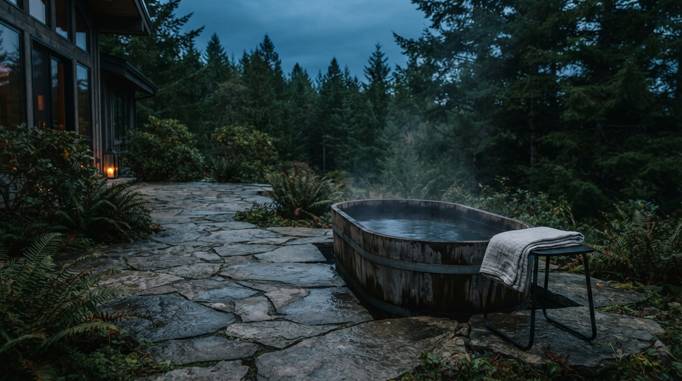 Steaming wooden soaking tub with a draped towel beside a forest house at dusk.