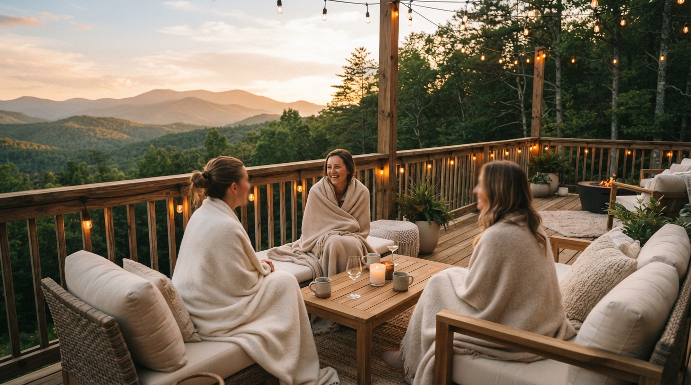 Three women wrapped in blankets relax by a candlelit table on a mountain-view deck at sunset.