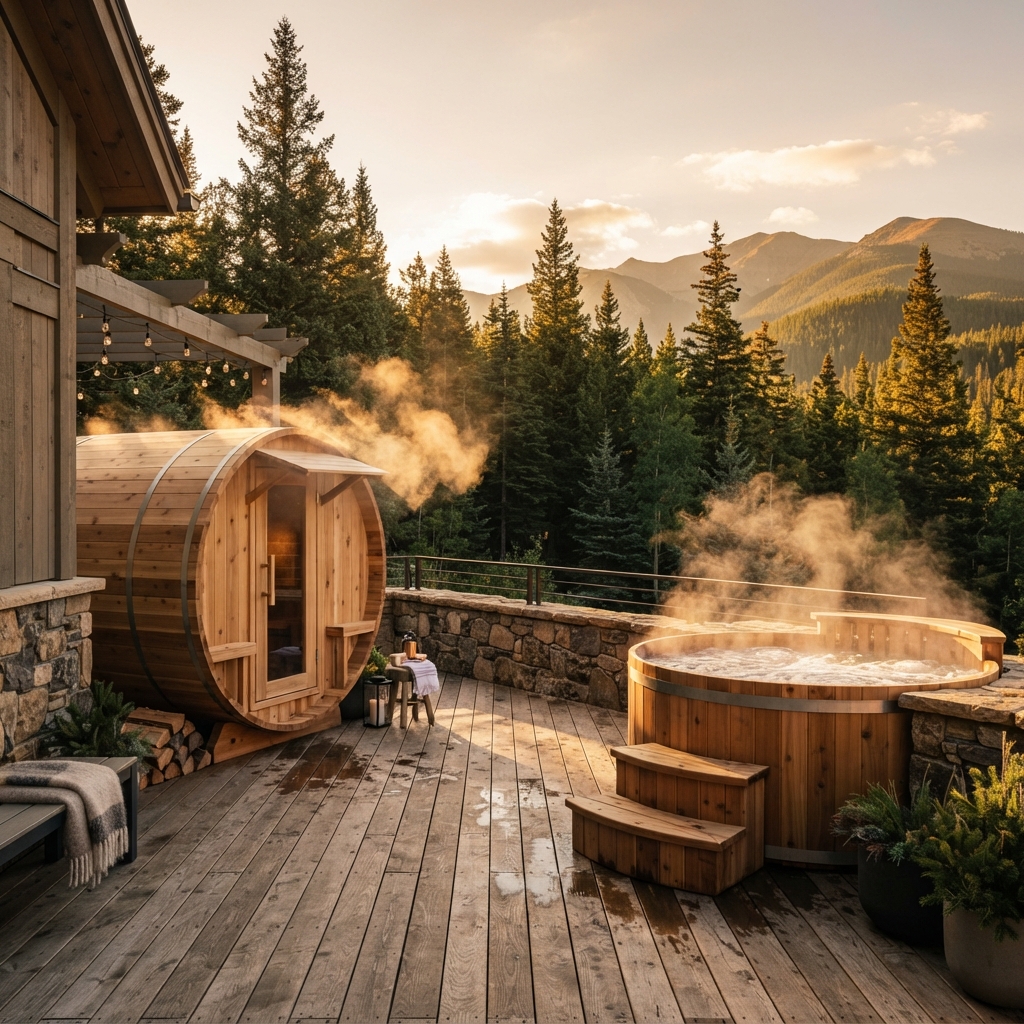 Steaming barrel sauna and bubbling wooden hot tub on a mountain-view forest deck at sunset.