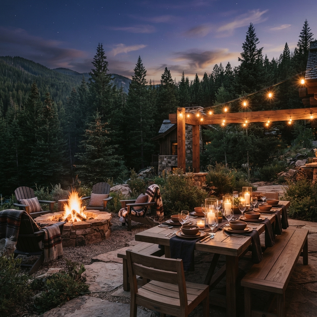 Candlelit outdoor dining table and fire pit on a forested mountain lodge patio at dusk.
