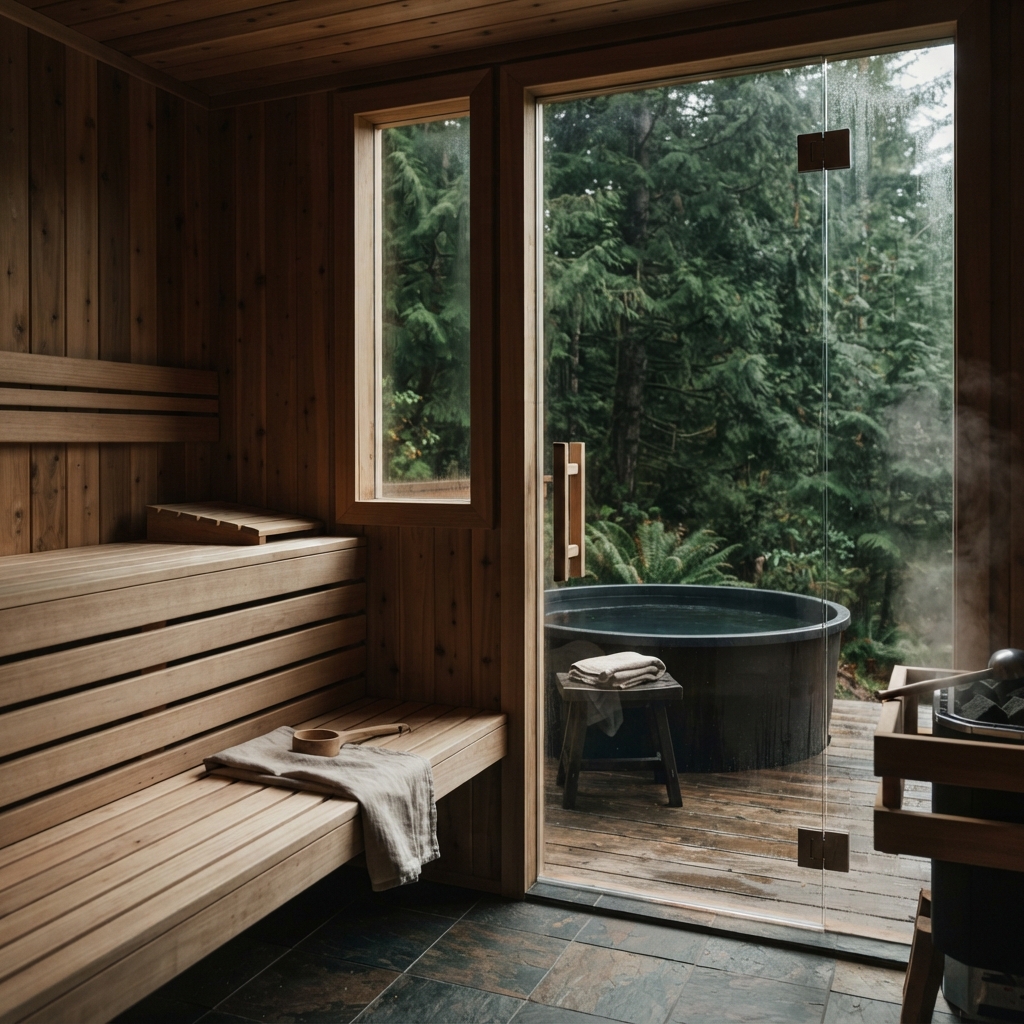 Wood-lined sauna with tiered benches, towels, glass door, and outdoor soaking tub in a dense evergreen forest.