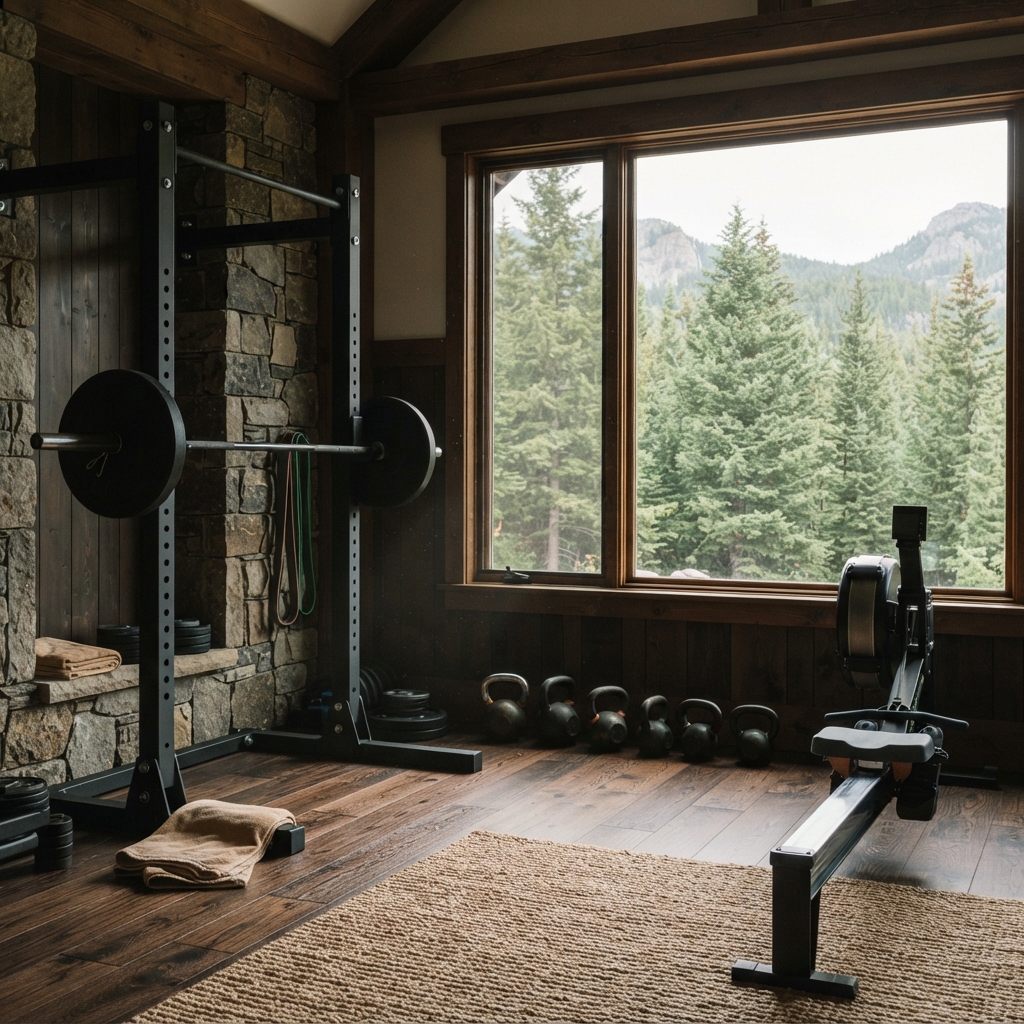 Rustic cabin gym with a power rack, barbell, kettlebells, rowing machine, and mountain view through a large window.