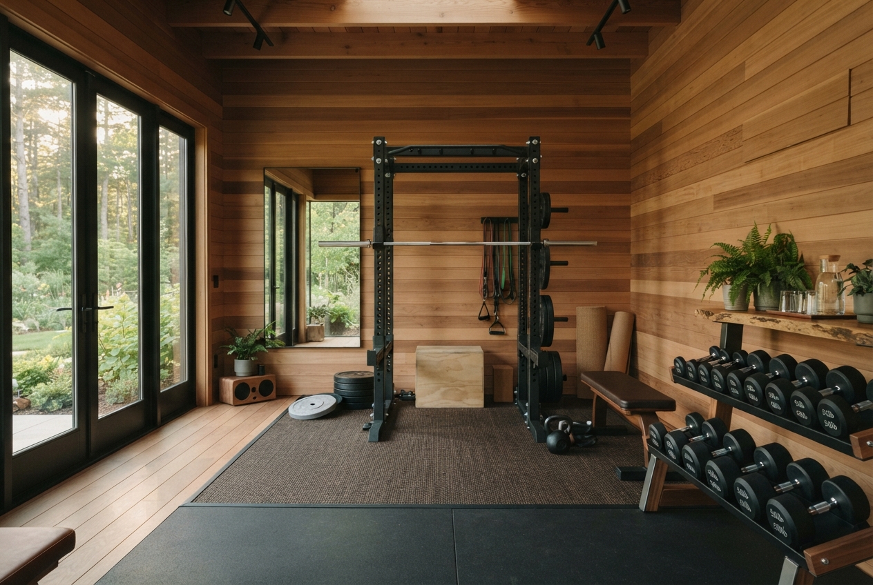 Wood-paneled home gym with a power rack, barbell, dumbbells, bench, plants, and garden views.