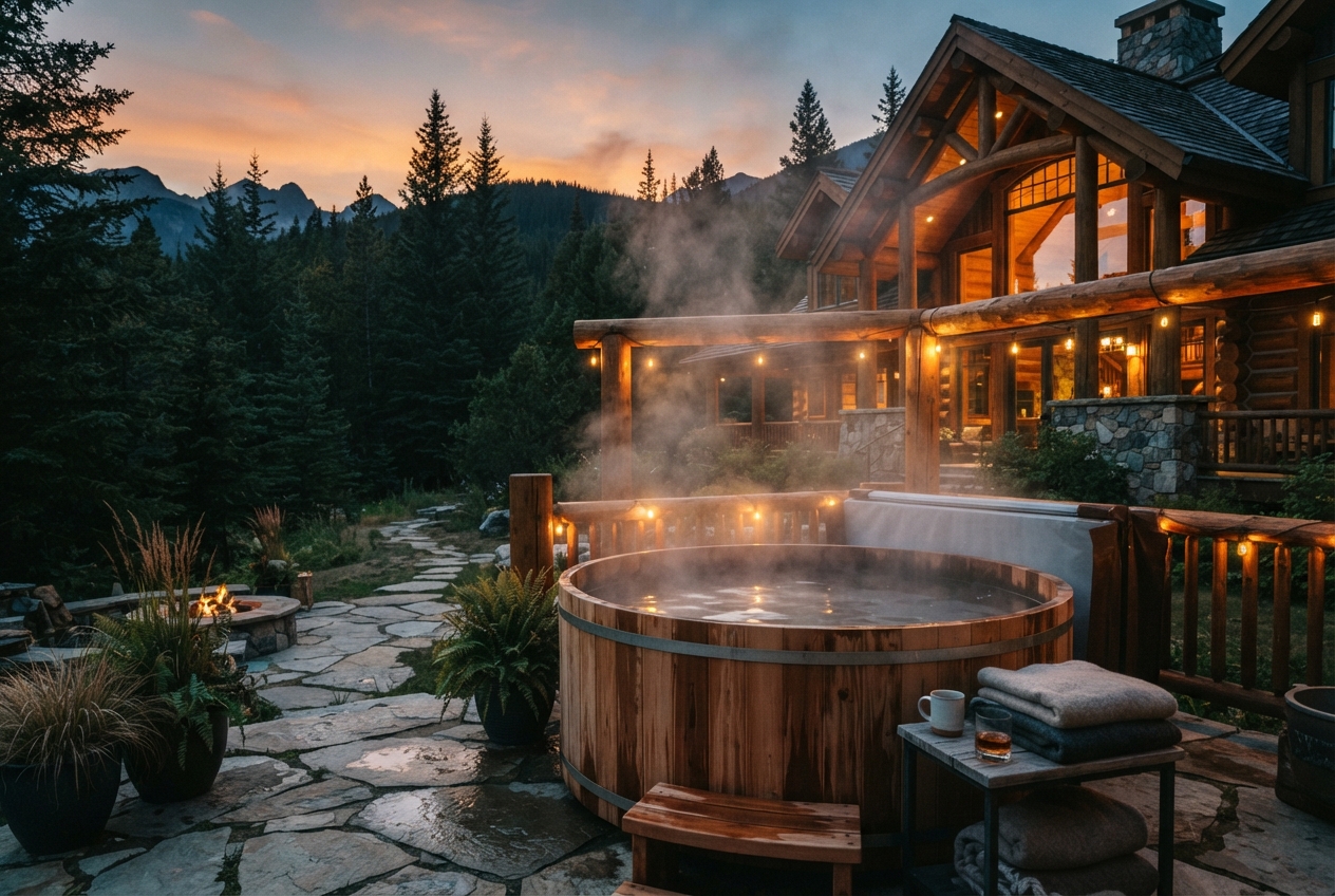 Steaming wooden hot tub beside a warmly lit mountain lodge at sunset, with a fire pit and pine forest.