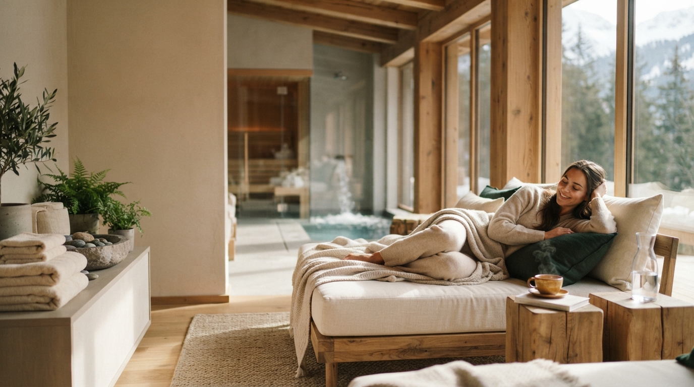 Woman relaxing under a blanket on a daybed in a sunlit wood-framed mountain spa interior.