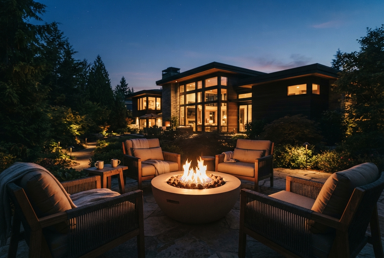 Modern house and garden patio with four chairs arranged around a lit fire bowl at twilight.