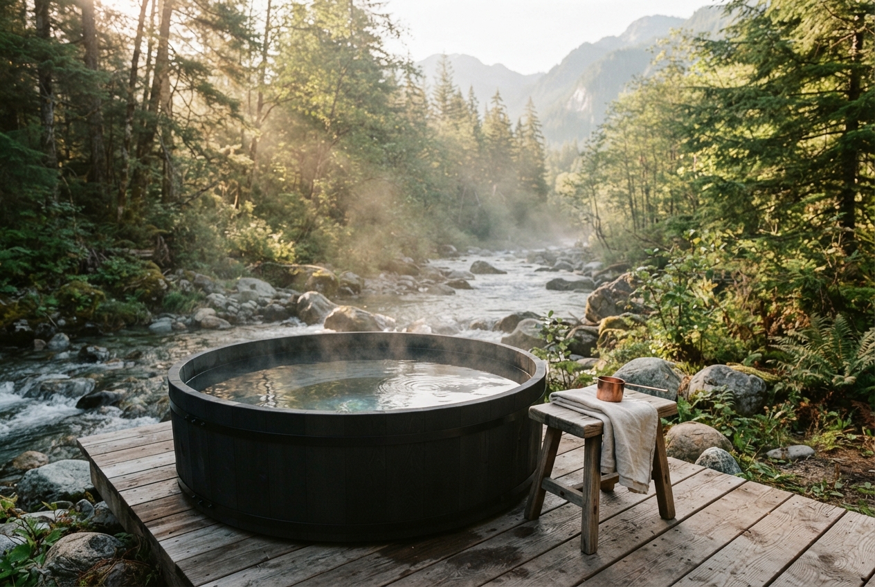 Black round soaking tub on a wooden deck beside a rocky forest stream with mountains in the background.