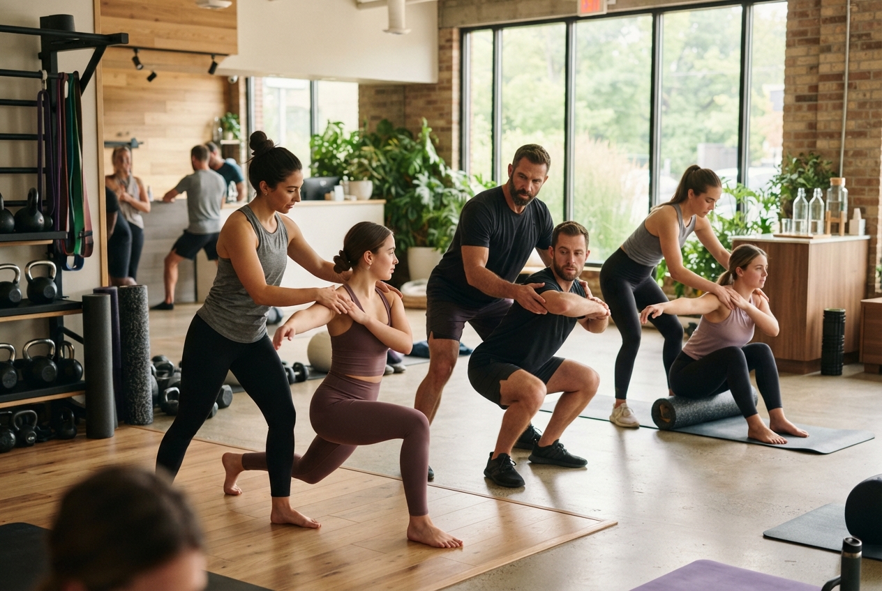 Group fitness class practicing assisted stretches in a bright studio with mats, plants, and exercise equipment.