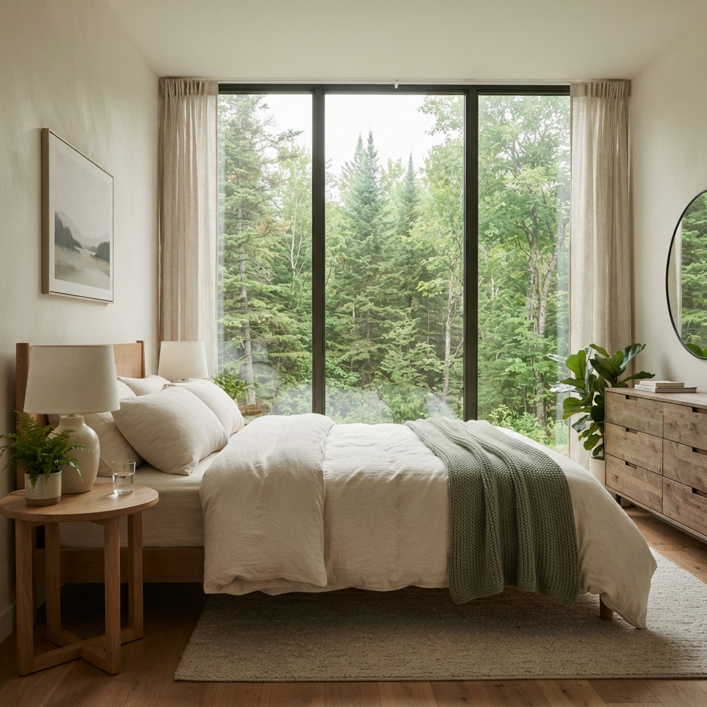 Neutral bedroom with white bedding, green throw, wood furniture, and a large window overlooking a forest.