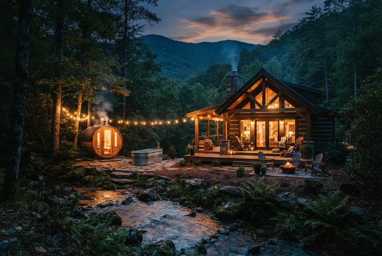Rustic illuminated cabin, sauna, fire pit, and stream in a forested mountain valley at dusk.