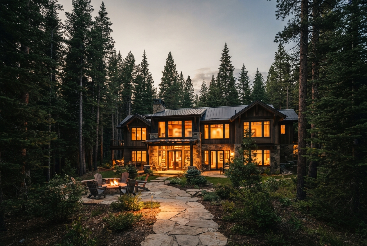 Warmly lit two-story mountain lodge with a fire pit and stone path in a dense evergreen forest at dusk.