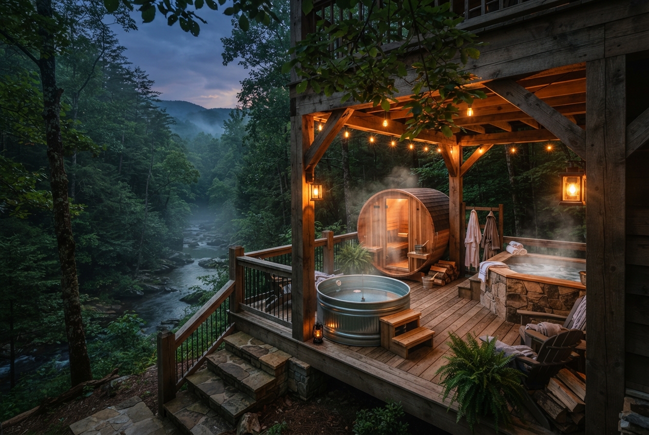 Rustic cabin deck with a sauna, hot tubs, string lights, and a misty forest river view at dusk.
