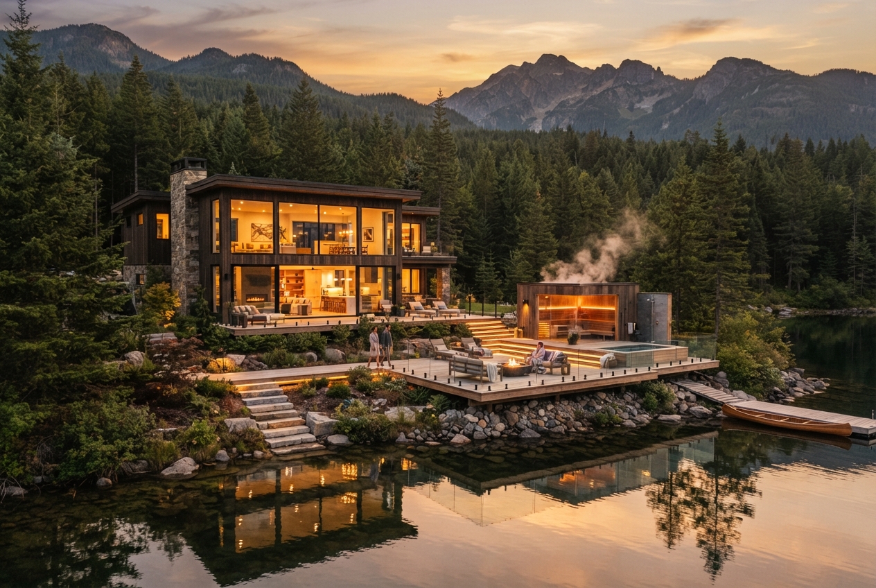 Modern lakeside mountain lodge with glowing interiors, decks, fire pit, dock, and canoe at sunset.