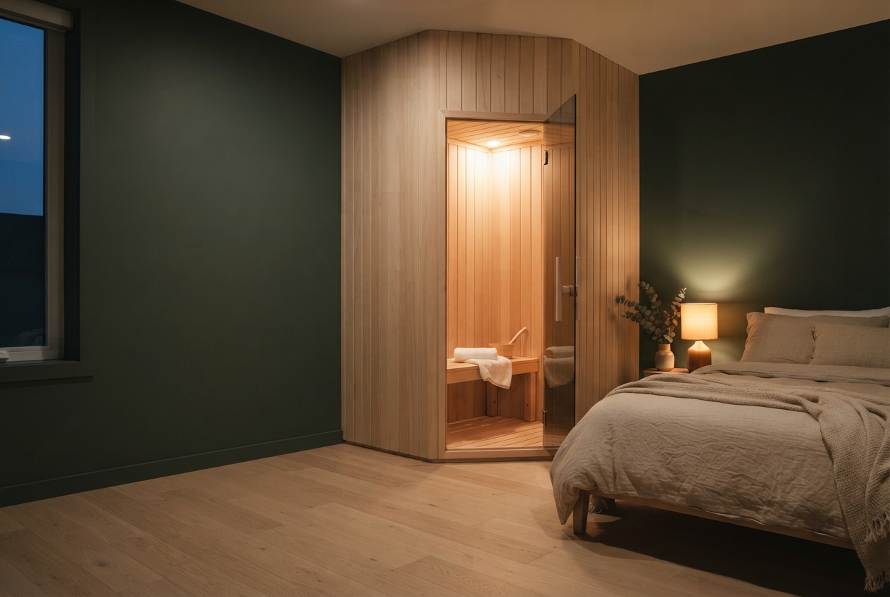 Modern dark-walled bedroom with a glowing wood-paneled sauna, bed, lamp, and vase of branches.