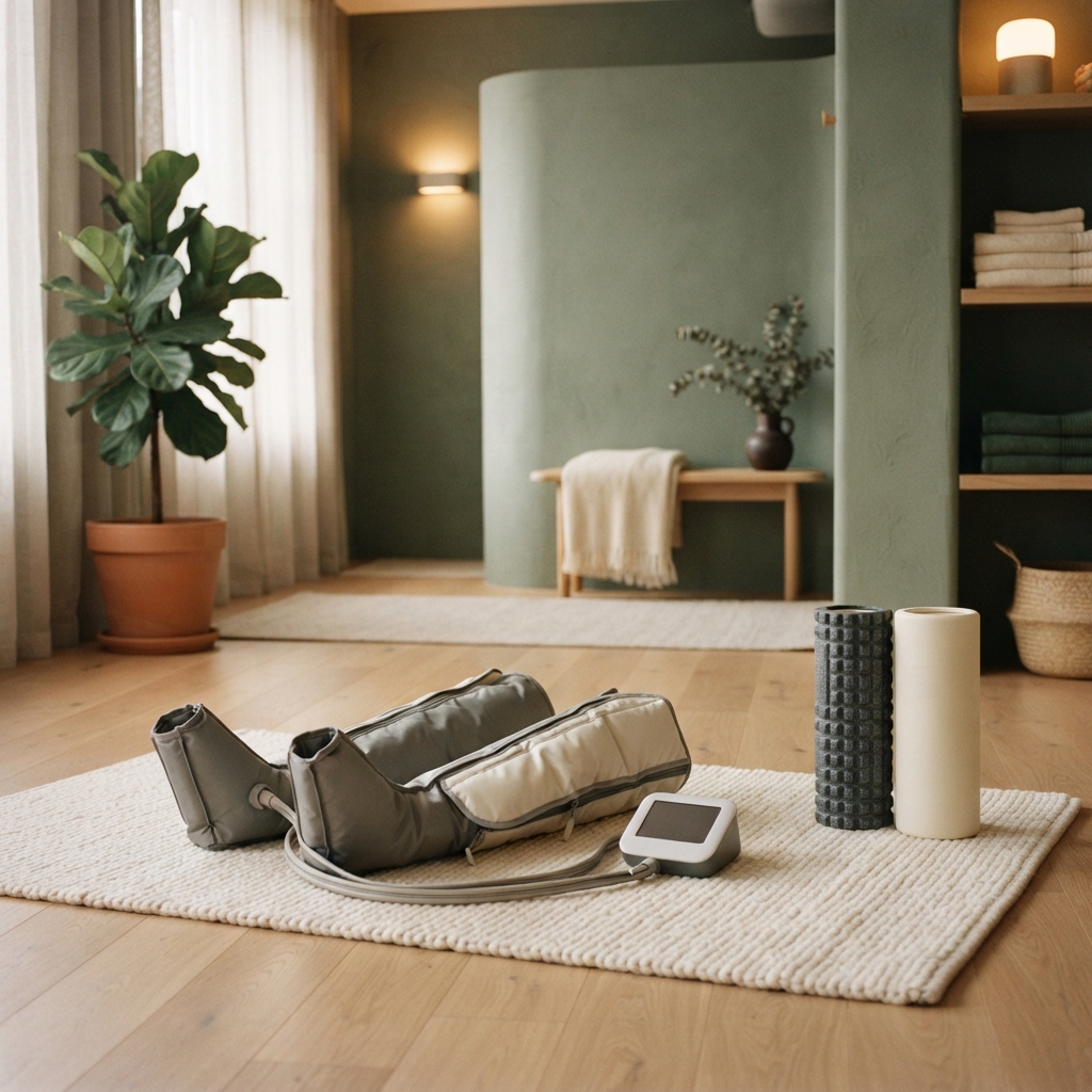 Gray leg compression massager with control unit on a rug in a warmly lit green room.