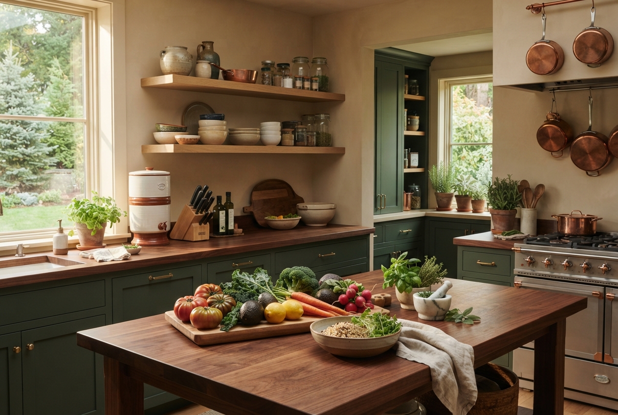 Rustic green kitchen with open shelves, copper cookware, garden view, and vegetables arranged on a wooden island.