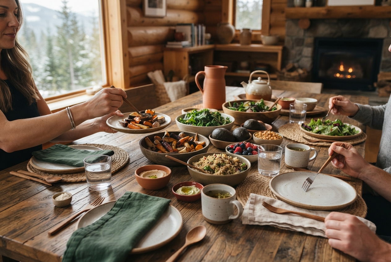 People share a vegetable-filled meal at a wooden table in a rustic cabin with a lit fireplace.