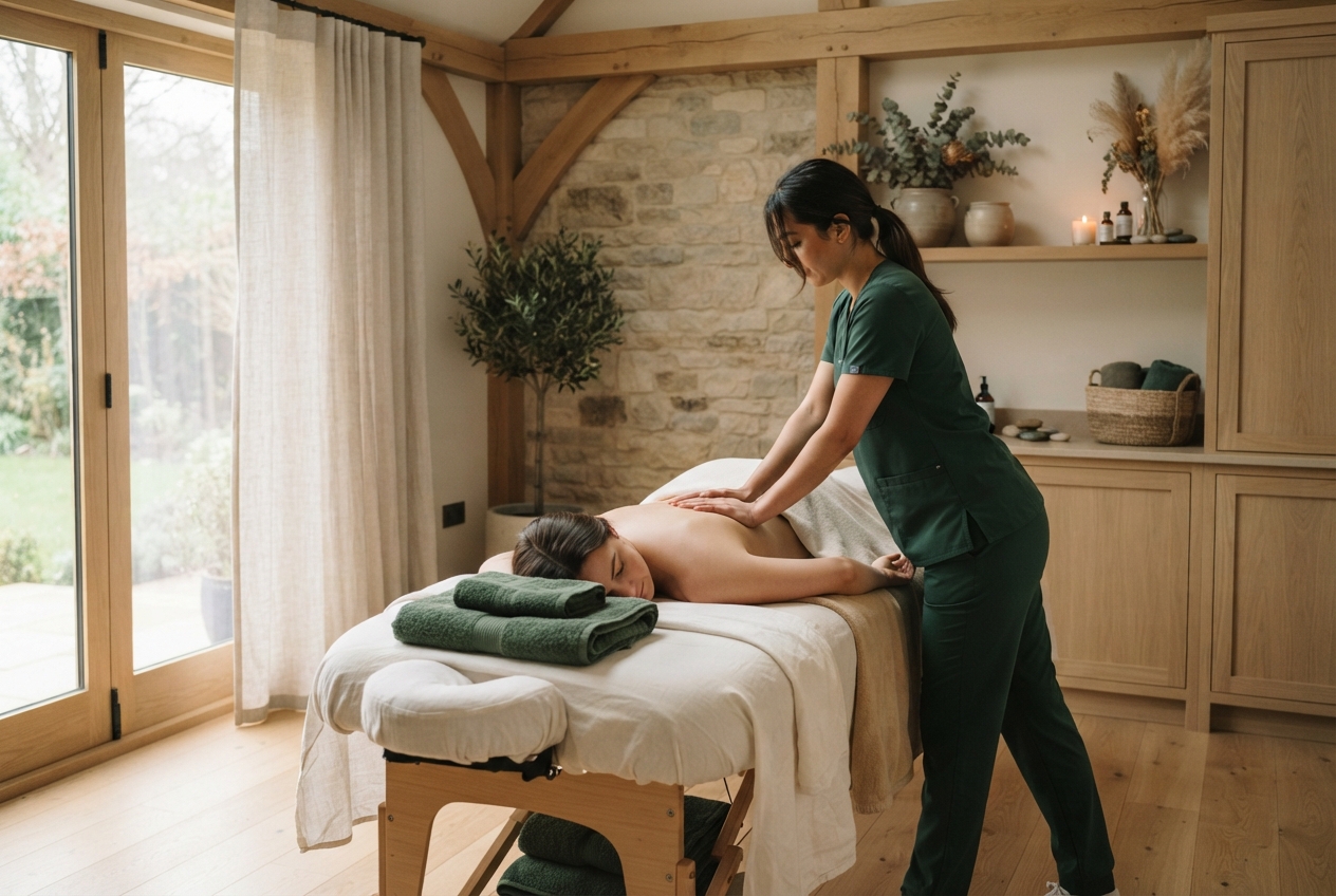 Massage therapist in green scrubs works on a client lying face down in a rustic treatment room.