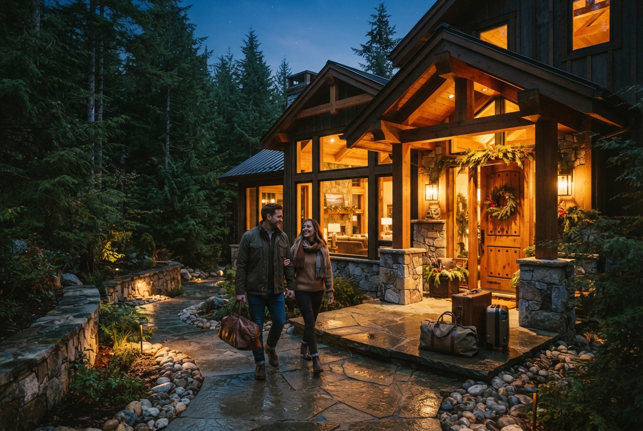 Couple carrying luggage walks toward a warmly lit rustic cabin in a forest at dusk.