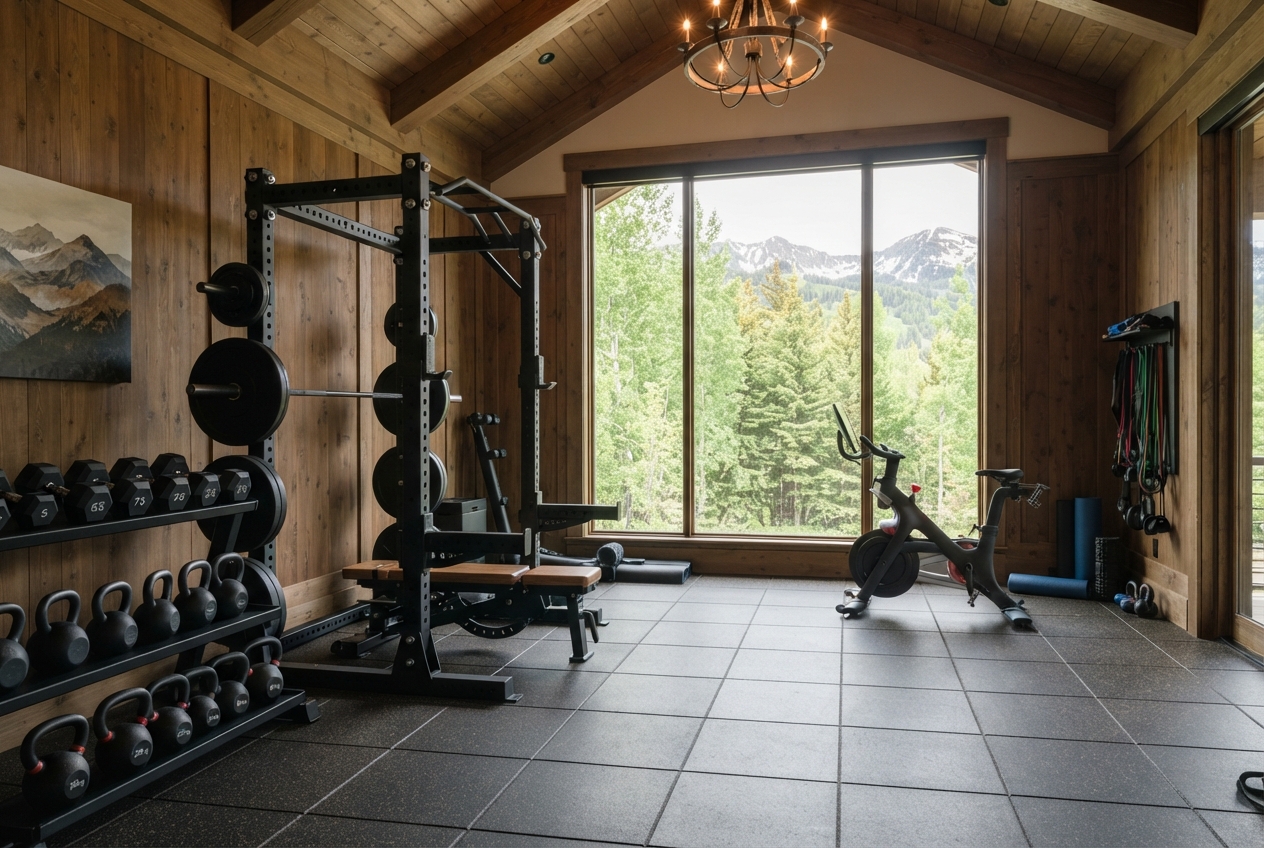 Rustic wood-paneled home gym with weights, a power rack, exercise bike, and mountain views through large windows.