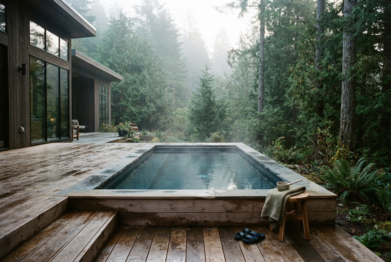 Modern forest house with a wet wooden deck, rectangular pool, stool with towel, sandals, and misty evergreen trees.