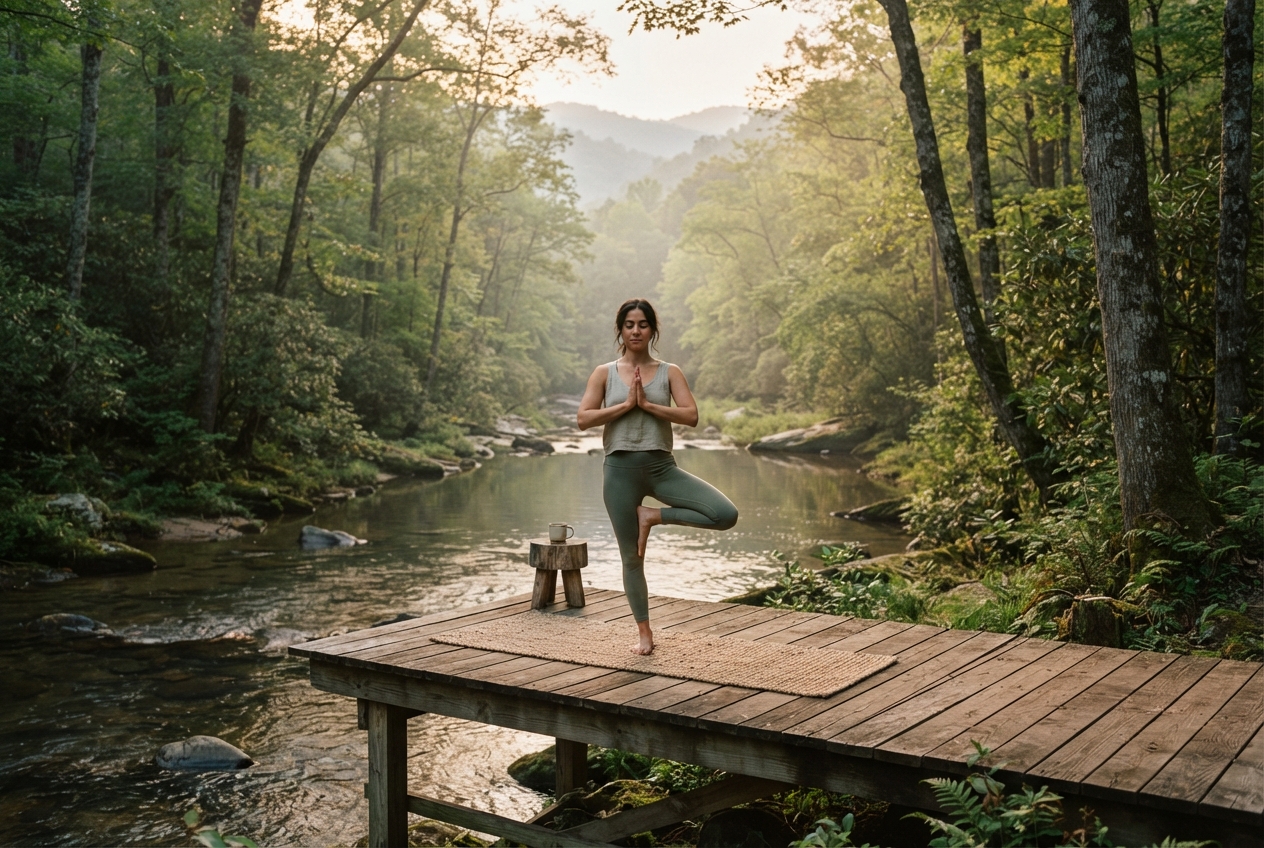 Woman practicing tree-pose yoga on a wooden creekside platform in a sunlit forest.