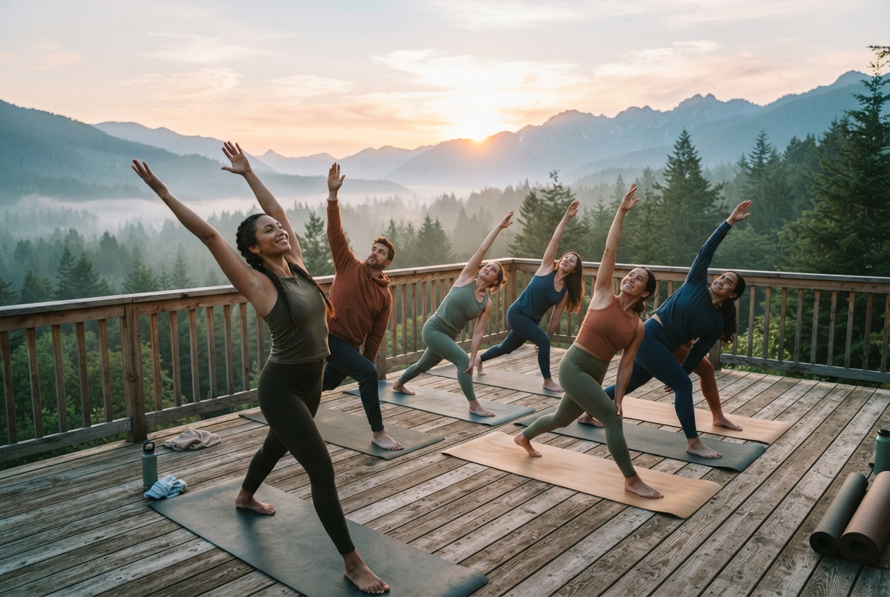 Six adults practice yoga on a wooden mountain deck at sunrise.