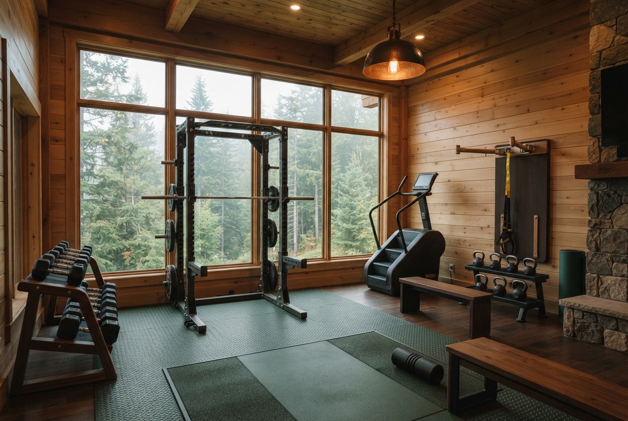 Rustic wood-paneled home gym with weights, squat rack, cardio machine, kettlebells, benches, and forest views.