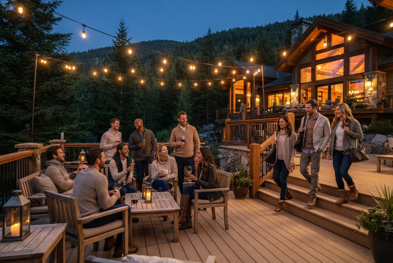 Adults socialize on a warmly lit wooden deck outside a mountain lodge at dusk, surrounded by evergreen forest.