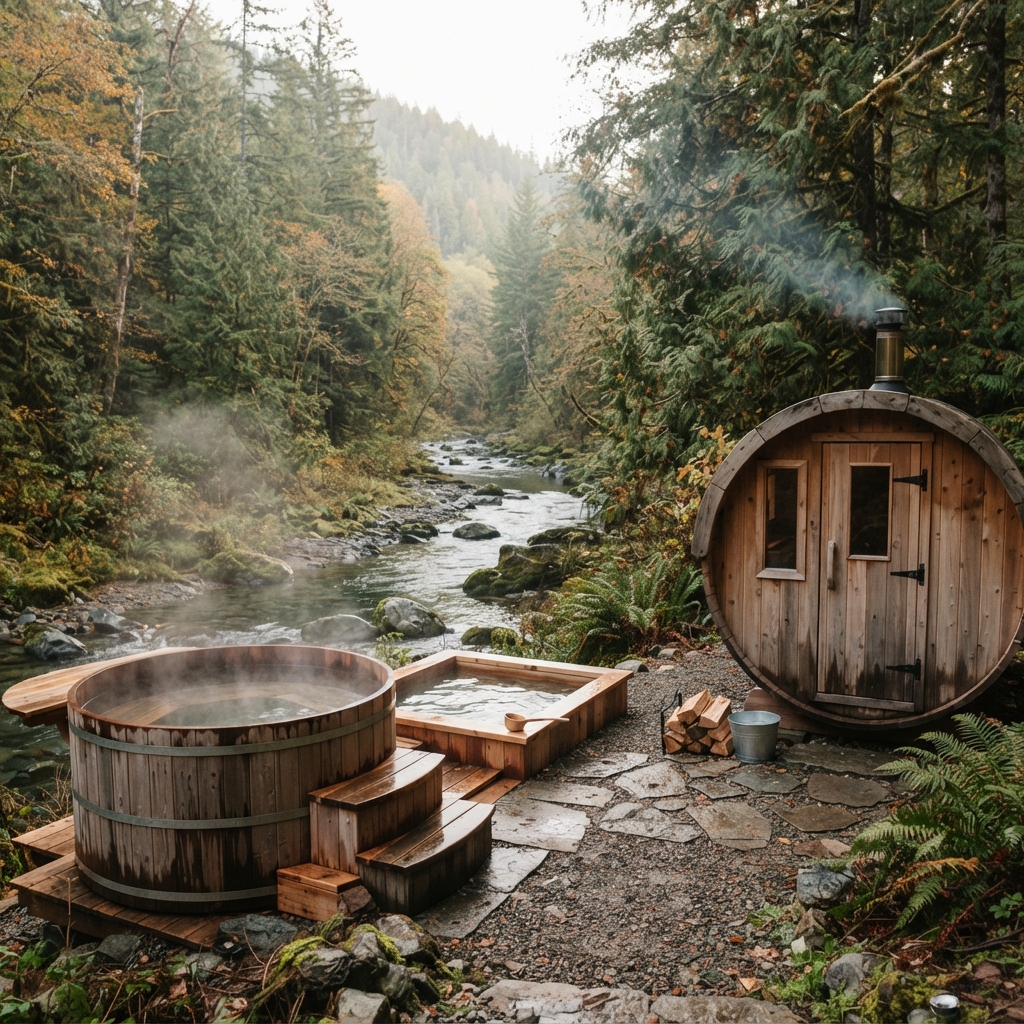 Rustic steaming soaking tub and barrel sauna beside a rocky stream in a misty autumn forest.