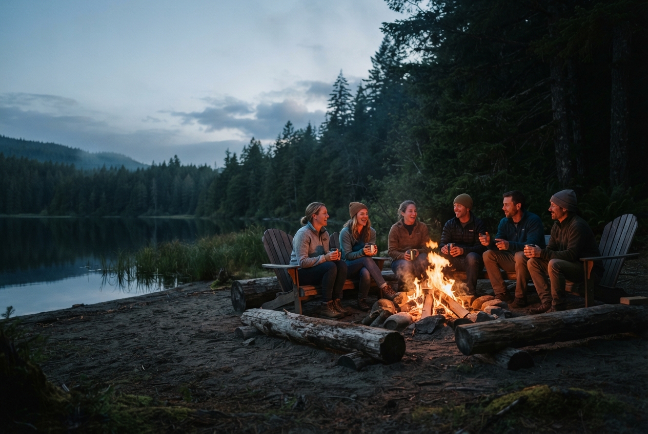 Six adults sit around a campfire beside a forest lake at dusk.