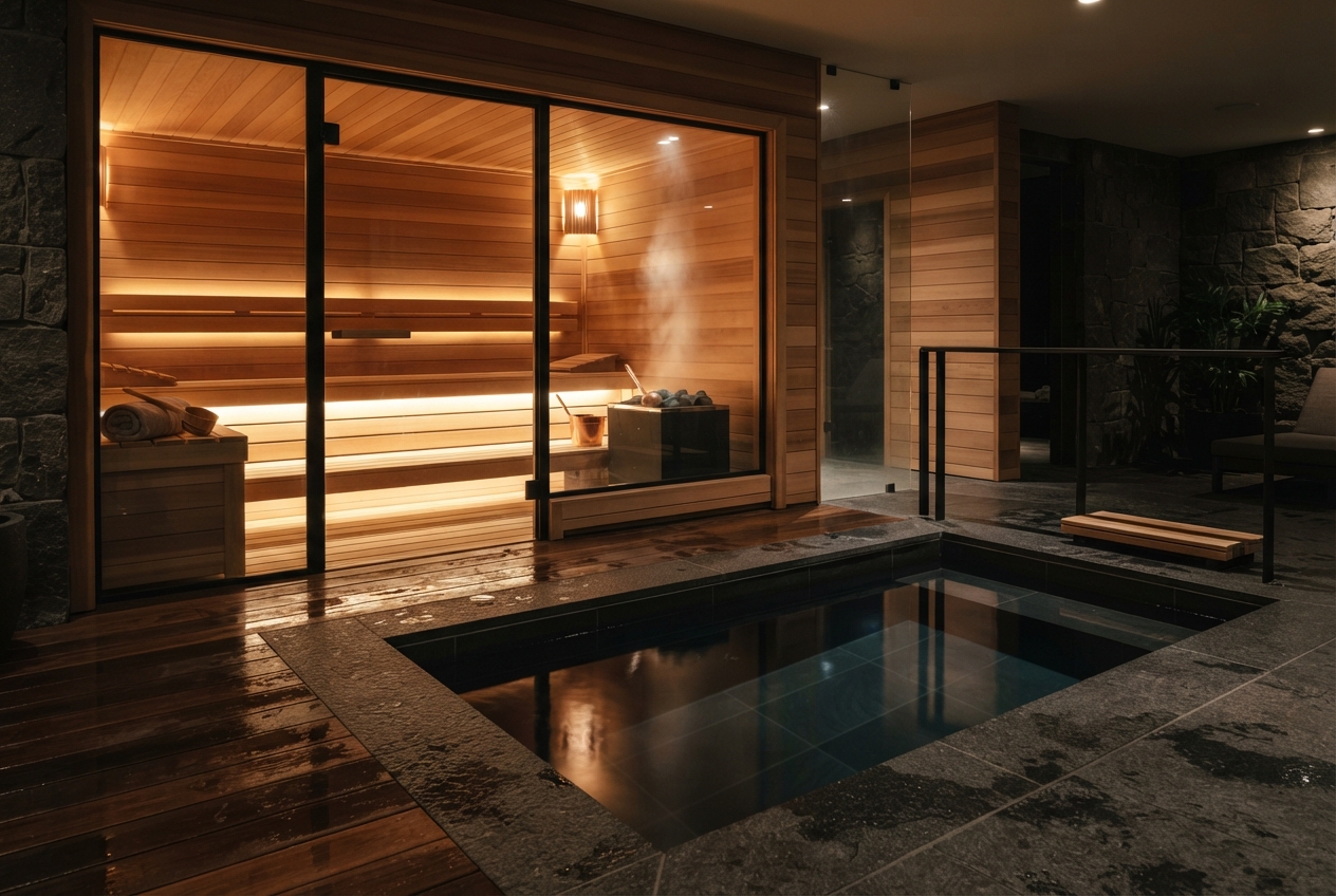 Glass-enclosed wooden sauna beside a dark rectangular plunge pool in a warm, stone-lined spa.