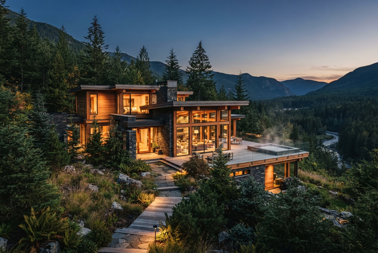Modern glass-and-wood mountain house with a lit terrace and pool overlooking a forested valley at dusk.