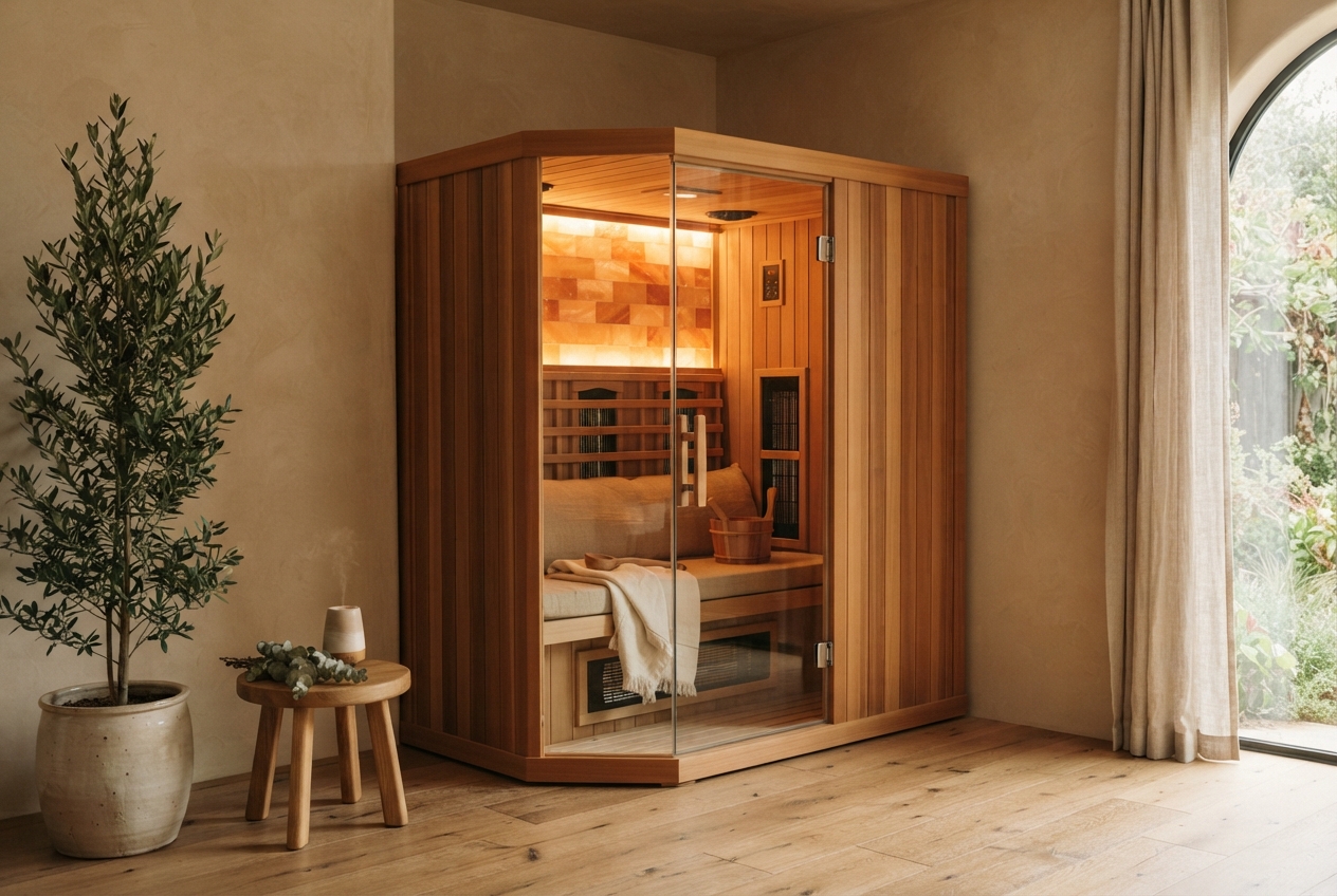 Wooden home sauna with glass door in a warm room beside a potted tree and arched window.