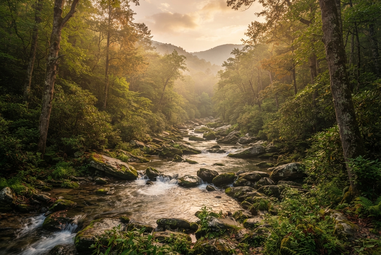 Sunlit rocky stream winding through a dense autumn forest toward misty hills.