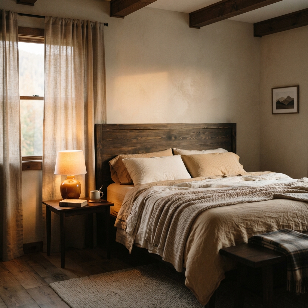 Warm rustic bedroom with a wooden bed, beige bedding, bedside lamp, window, framed mountain print, and exposed ceiling beams.