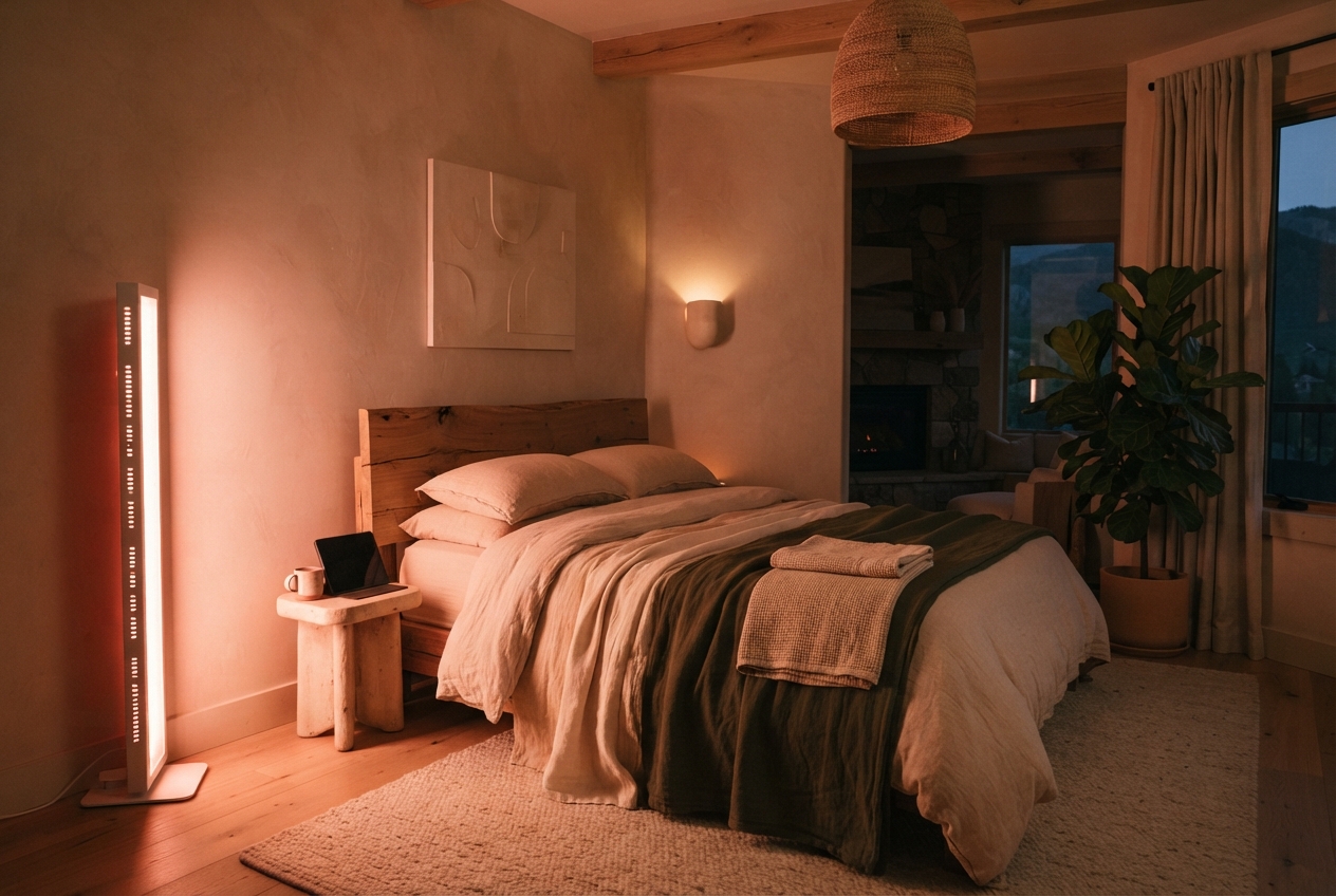 Warmly lit rustic bedroom with a wood bed, layered neutral bedding, fireplace, plant, window, and standing lamp.