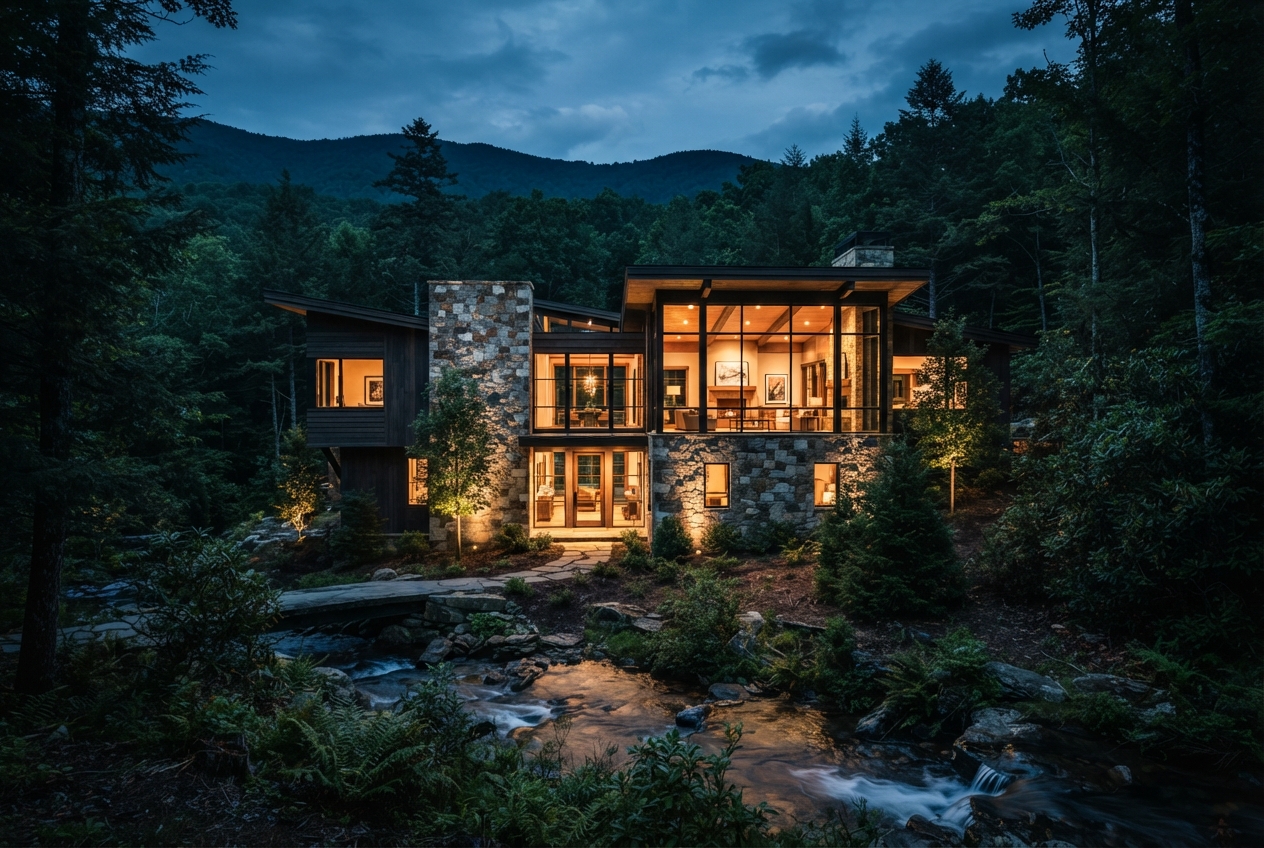 Contemporary stone-and-glass house glowing in a forest beside a stream at twilight.
