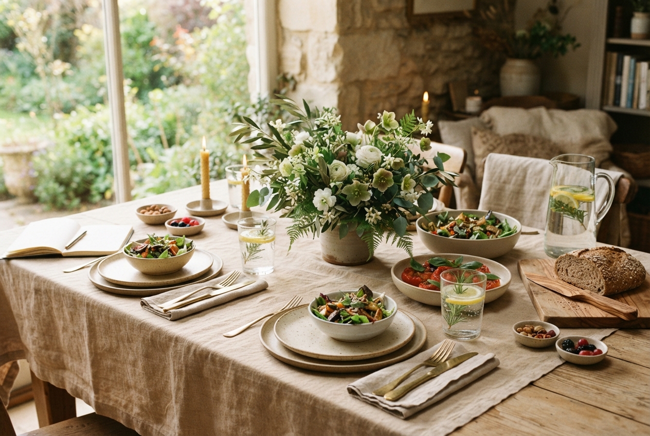 Rustic dining table set with salads, bread, drinks, flowers, candles, and place settings in a warmly lit room.