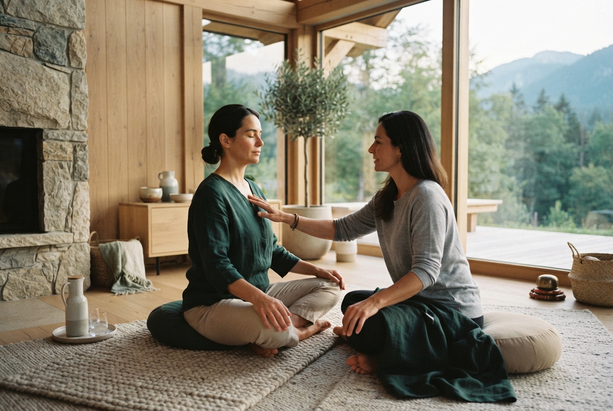 Two women sit cross-legged on rugs in a cabin, one gently touching the other’s shoulder beside mountain-view windows.