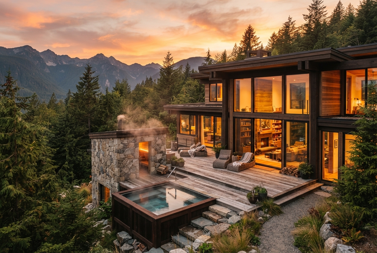 Modern glass-and-wood mountain house with a lit terrace, pool, outdoor fireplace, evergreens, and sunset peaks.