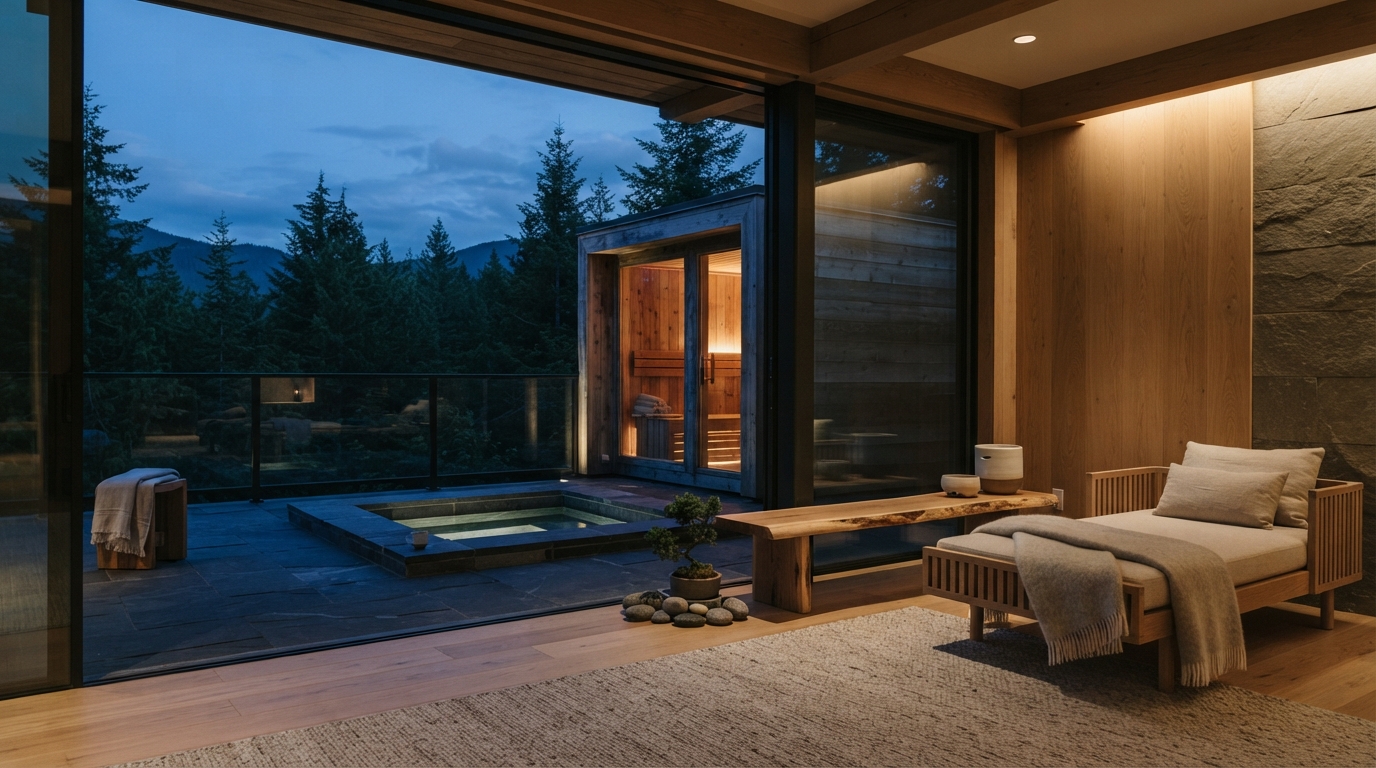 Warm modern cabin interior with a lounge chair, sauna, plunge pool, and forested mountains visible through glass walls.
