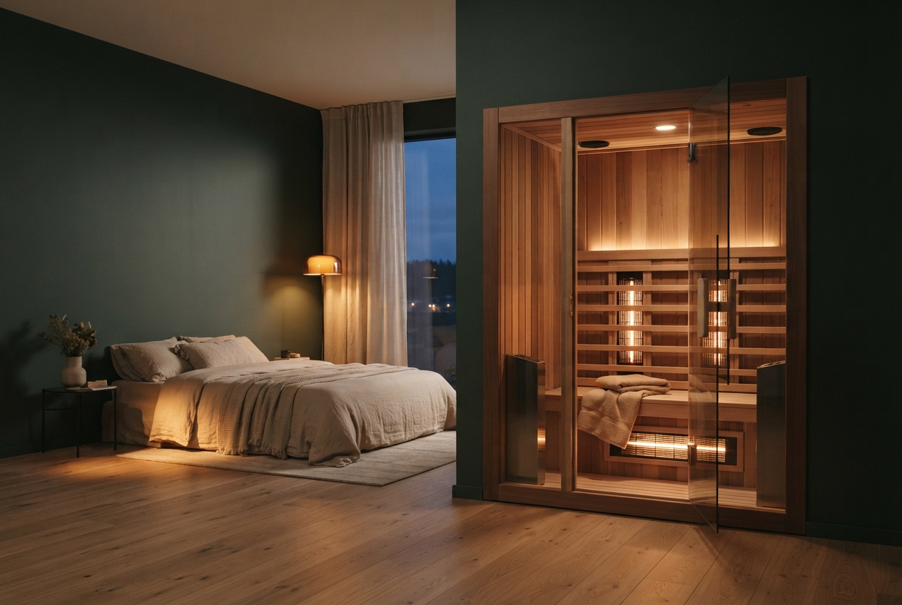 Warm modern bedroom with a made bed beside a glass-fronted wooden sauna.