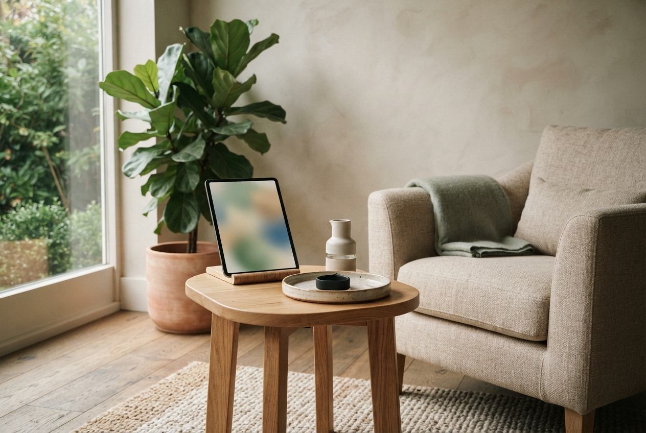 Cozy living room with a leafy potted plant, tablet on a wooden table, ceramic tray, and beige armchair.
