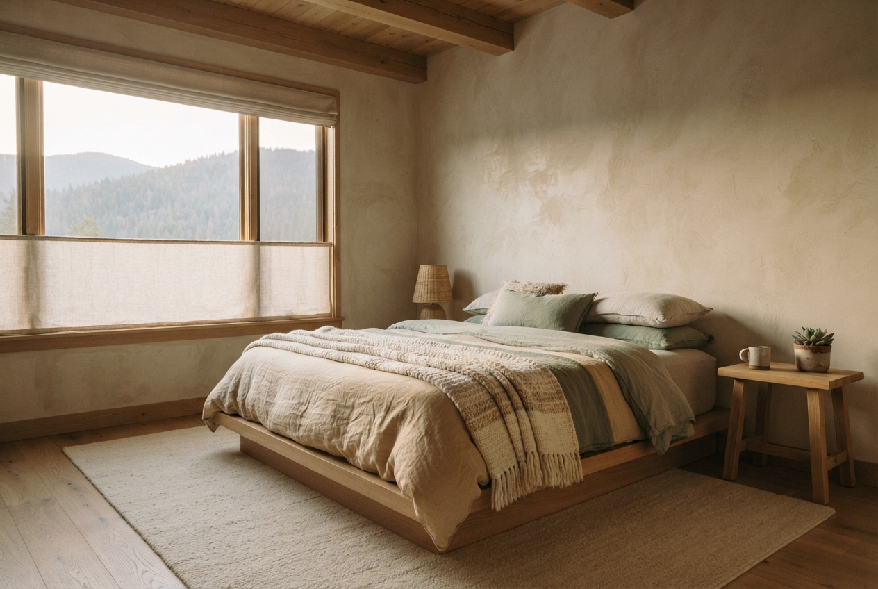 Rustic bedroom with a wood-framed mountain-view window, low bed, knitted throw, rug, lamp, and bedside table.