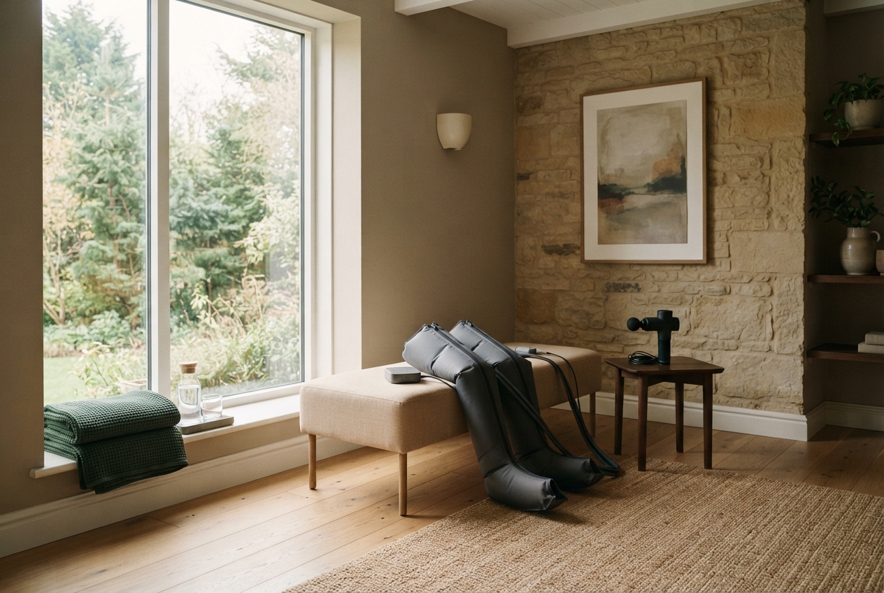 Rustic sitting room with windows, a beige ottoman, black leg massager, stone wall, plants, and abstract art.