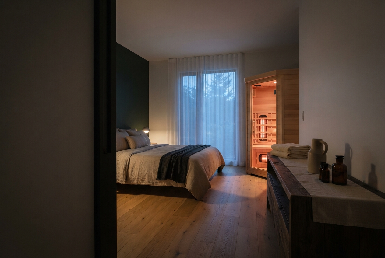 Warm bedroom with a made bed, curtained window, wooden sauna, and dresser with towels and bottles.
