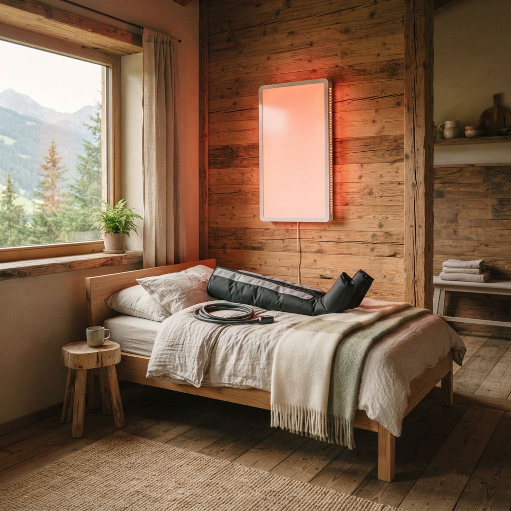 Rustic wood bedroom with a mountain view, bed, glowing wall panel, towels, and black padded equipment.