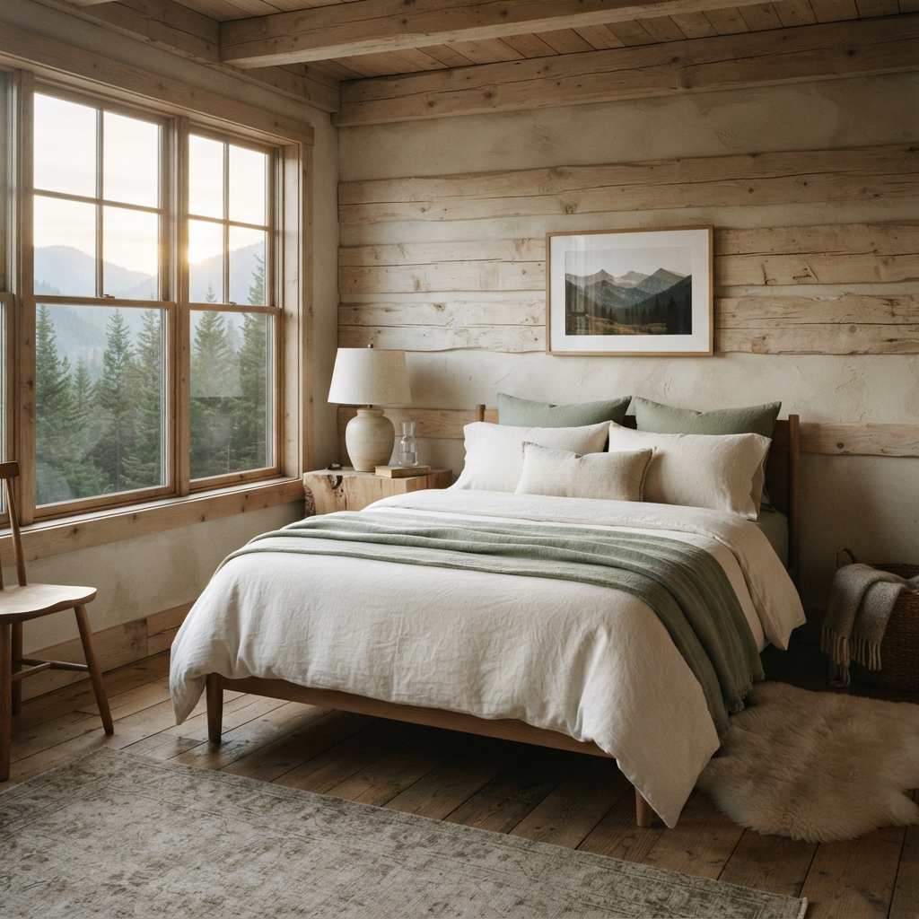 Rustic wood-paneled bedroom with a white bed, sage throw, mountain view, and framed landscape print.